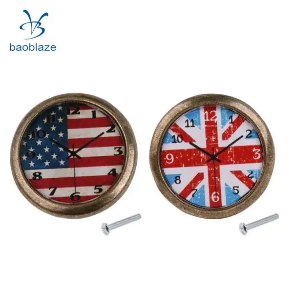2Pieces Vintage Clock Cabinet Door Drawer Handle Pulls Knob Home Hardware the Union Jack + the Stars and Stripes