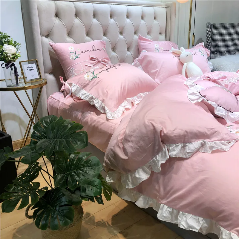 Little Daisy embroidery Bedding Sets girls Beddingset egyptian cotton Bed Linen Duvet Cover Bed Sheet Pillowcase/bed Sets 4/7pcs