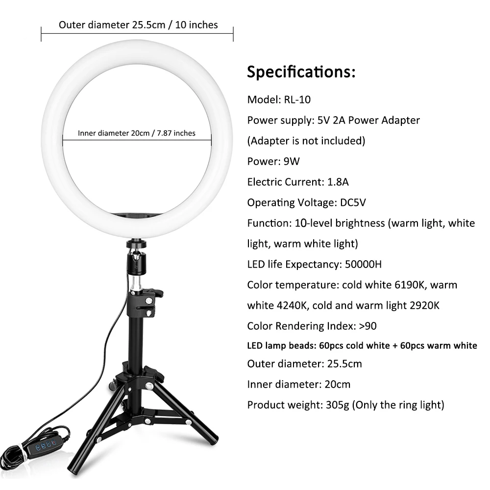 Кольцевой светильник spash RL-10, 26 см, USB, с регулируемой яркостью, кольцевая лампа, светодиодный кольцевой светильник с держателем для телефона, штатив, подставка для макияжа, кольцевая лампа для видео