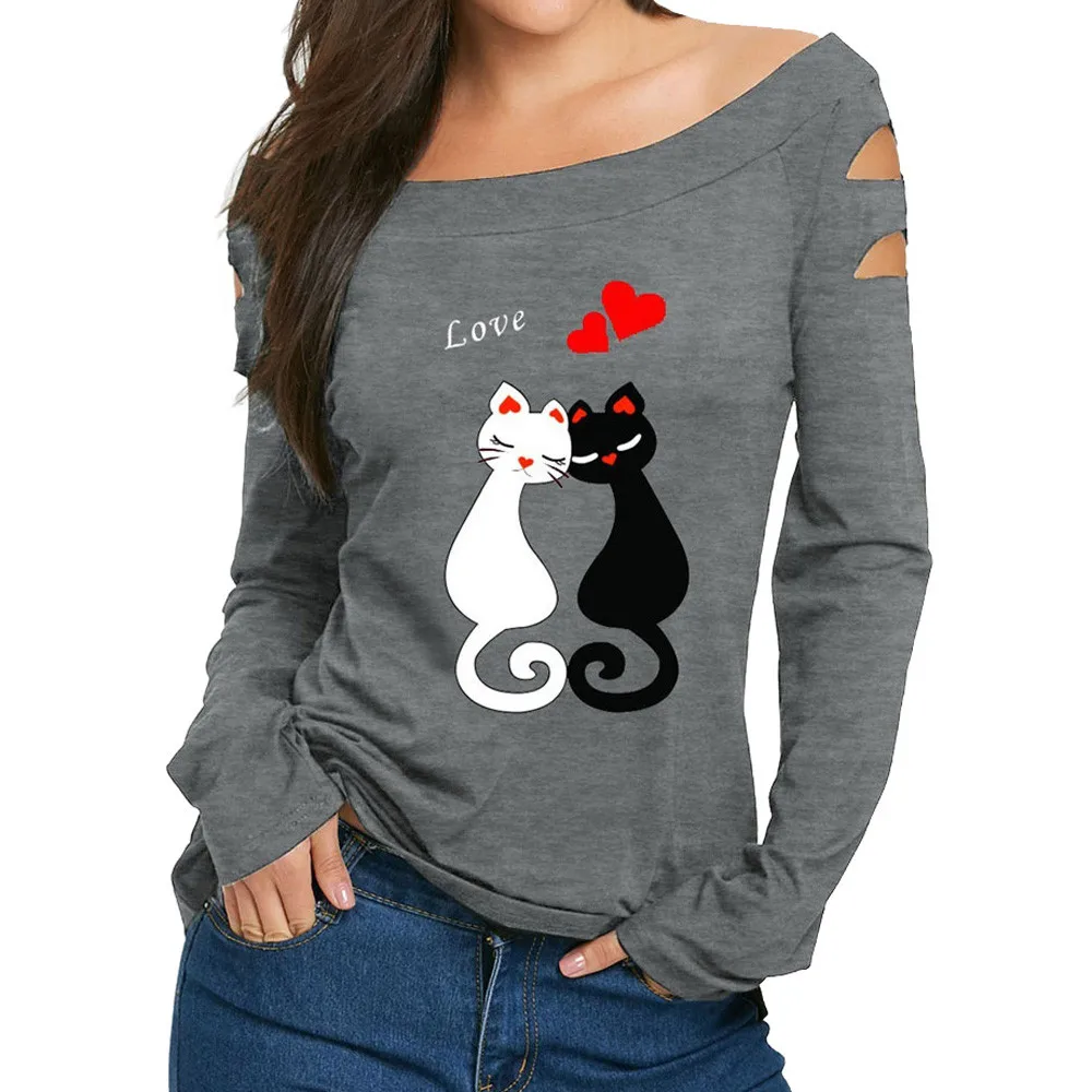 Свитера Feitong женские сексуальные топы с длинным рукавом с принтом кота и любви 2 футболки Vetement женские футболки топы - Цвет: Серый