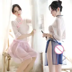 Сексуальное женское белье, сексуальная юбка cheongsam с разрезом, прозрачный игровой костюм в стиле ретро, четыре цвета