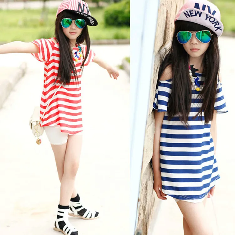 Online Shop Girls Chiffon Open Shoulder T Shirt Long Stripes Tee For Kids Teenage Fashion Tops Red Blue Online Shop Girls Chiffon Open Shoulder T Shirt Long Stripes Tee For Kids Teenage Fashion Tops Red Blue