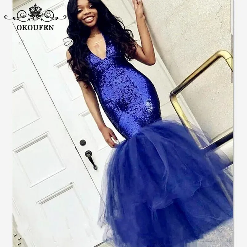 Royal Blue Puffy Mermaid Prom Dresses Long 2019 Deep V Neck Sequined Top and Tulle Skirt Formal 