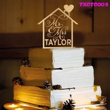 На заказ Ваше фамилия свадебный торт Топпер, деревянный Mr& Mrs торт Топпер с любовь дом с бесплатной доставкой