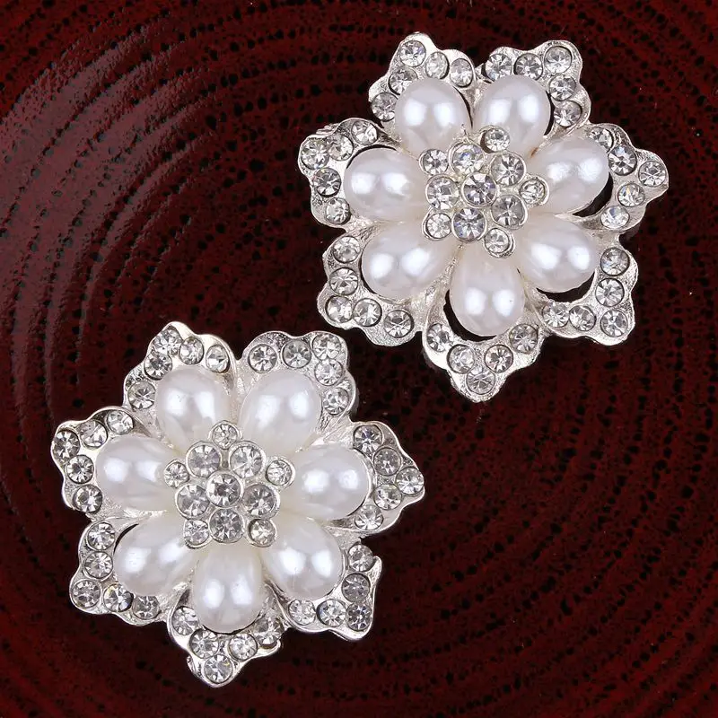 30pcs 40mm Flatback Flower Rhinestone Button Metal Pearl Button Wedding