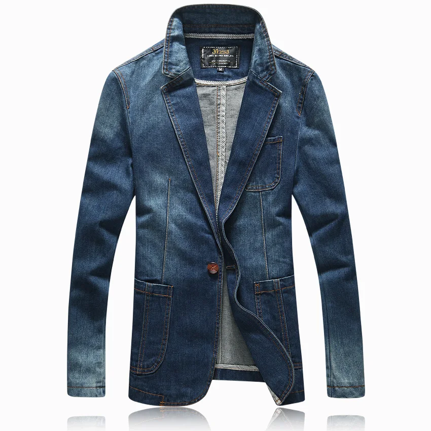 

Hot 2019 spring autumn casual Blazer men tidal current male slim fit denim suit single button jean jacket coat light blue 4XL