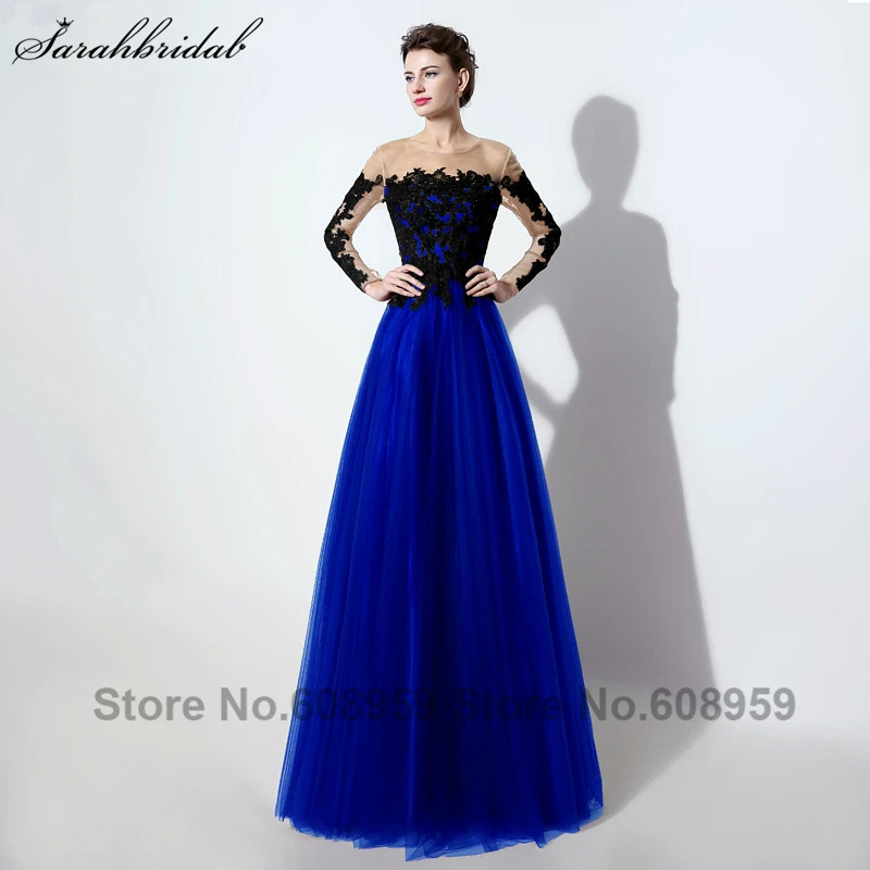 

Sexy Sheer Long Sleeve Evening Dresses New Colorful Lace Appliques Floor Length Royal Blue Long Formal Vestidos LSX017