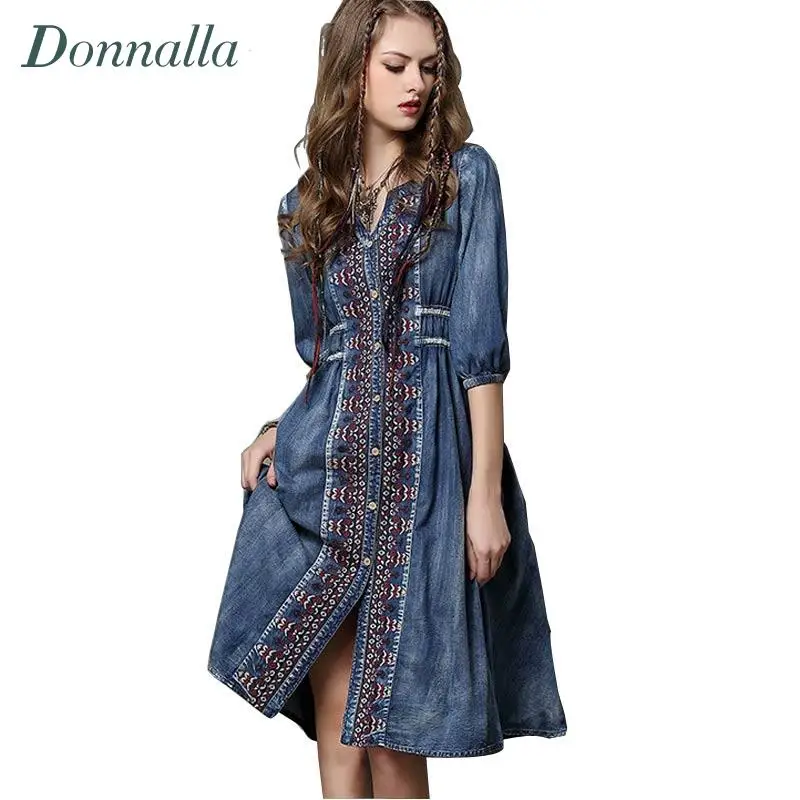 Bohemian Style Denim Dress Women Vintage Embroidery Jeans Women Dresses