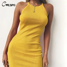 CWLSP Ribbed Halter Backless Women Mini Dress sleeveless Sexy Slim Knit Cotton Bodycon Club vestidos verano 2018 QL3717 CWLSP Ribbed Halter Backless Women Mini Dress sleeveless Sexy Slim Knit Cotton Bodycon Club vestidos verano 2018 QL3717