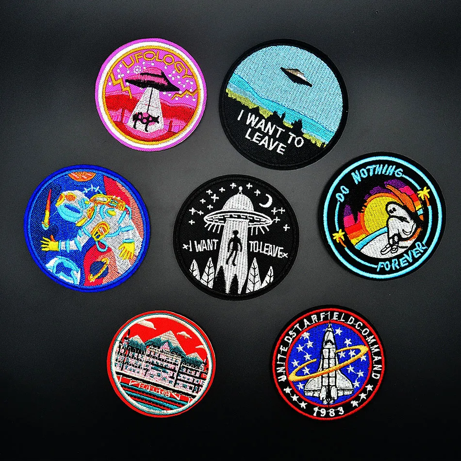 

UFO Round Iron On Embroidered Patch Alien,Space,Astronaut,I want to leave Applique Patch, For T-shirt Apparel Accessories