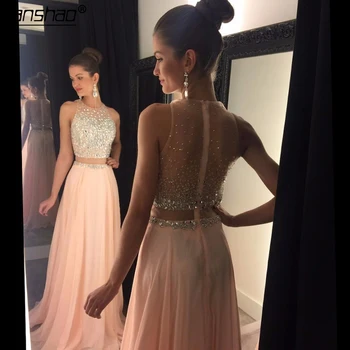 

Chiffon Prom Dresses O-Neck Beads Backless Two Pieces Sexy Prom Gown Plus Size Long Party Gown vestido fiesta