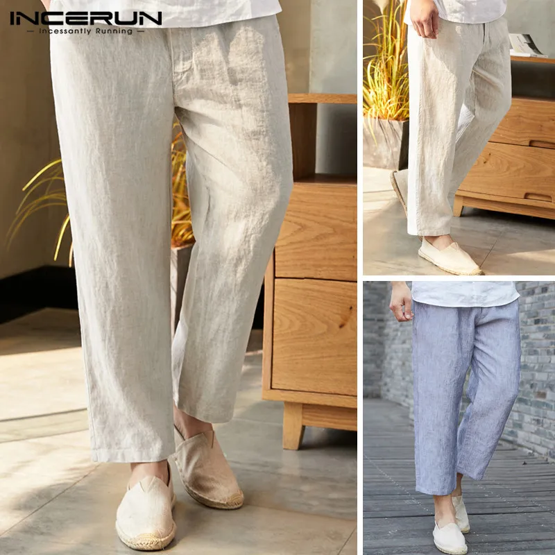INCERUN, тонкие хлопковые повседневные льняные укороченные мужские широкие брюки, свободные летние китайские стильные мужские пляжные брюки 5XL
