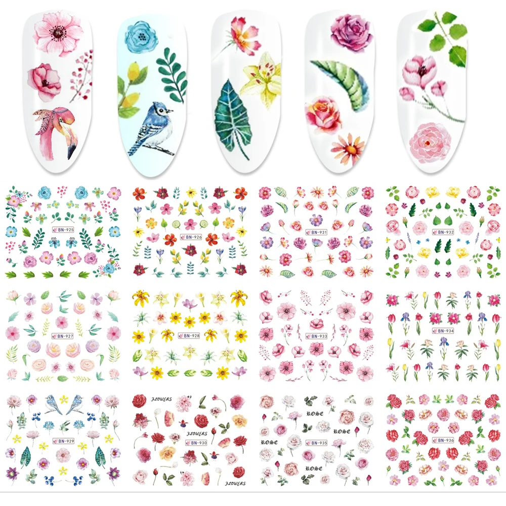 

12 Designs Nail Decals Watermark Sliders Blooming Flowers Rose Lily Bird Leaves Wraps Decoration Tips Manicure Tools BEBN925-936