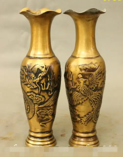 

S01394 9" Palace Adorn China FengShui Bronze Dragon Phoenix Statue Bottle Vase Pot Pair