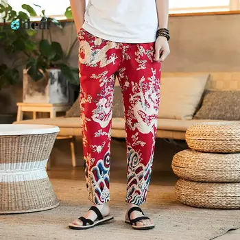 

LOLDEAL Men's Chinese Dragon Print Pants Thin Ankle Length Men's Floral Pants Loose Casual Pants