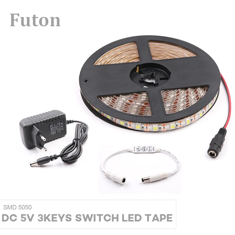 

5m DC5V Key Switch Controlled LED Strip With DC Adapter Waterproof Flexible Adhesive SMD5050 LED Light For Wardrobe Night Light