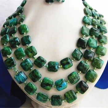 

3rows new fashion 14mm green chrysocolla square beads earrings necklace vintage design elegant women jewelry set 18-2inch BV364
