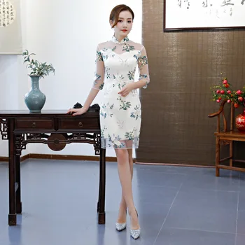 

Embroidery Flower Chinese Traditional Qipao Summer White Ladies Qipao Elegant Wedding Bridesmaid Dress Vestido De Festa S-XXL