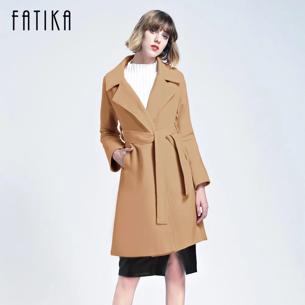 FATIKA Winter Coat Women Wide Lapel Belt Pocket Wool Blend Coat Oversize Long Red Trench Coat Outwear Woolen Coat Women