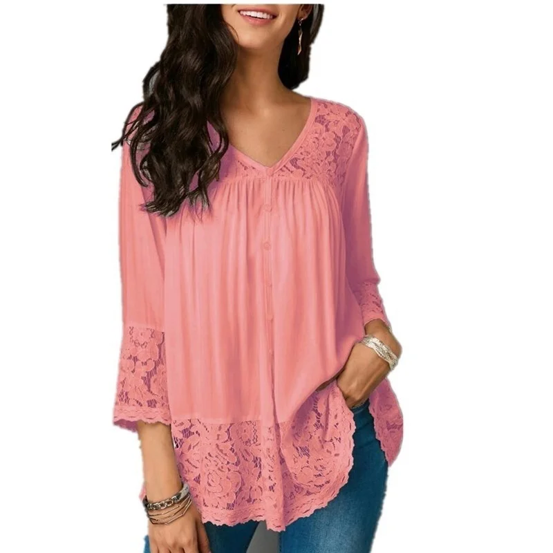 

Plus Size Tops 2019 Fashion Women Clothes Color 3/4 Sleeve Blouse Lace-paneled Shirts Cropped Sleeve Casual Shirt Blouses