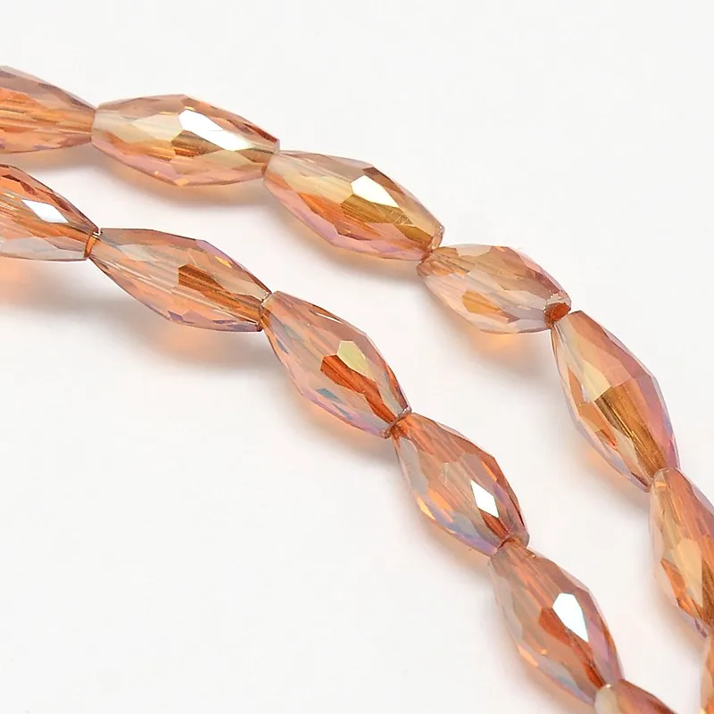 10Strands Electroplate Crystal Glass Rice Beads Strands Faceted, Rainbow Color Plated, Coral, 4x9mm, Hole: 1mm; about 58pcs/str