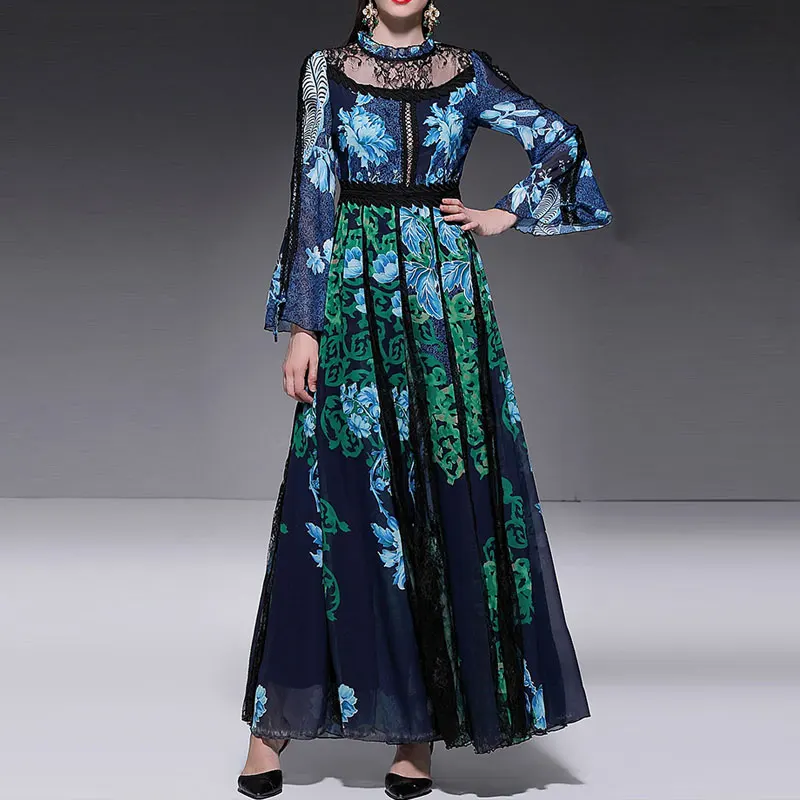 Goodlishousi весеннее подиумное дизайнерское платье со стоячим длинным рукавом в стиле ретро с цветочным принтом кружевное лоскутное женское Макси платье Nobel длинное Vestidos