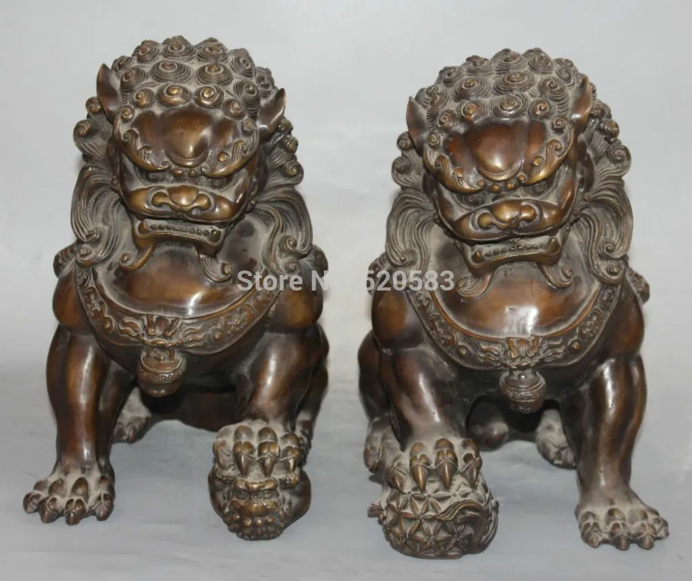 

free 12" Chinese Bronze Fengshui Guardian Foo Fu Dog Door Lion Kid Ball Pair Statue fast