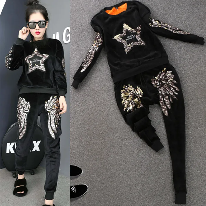 Velour Fleece Warm Set Women Tracksuits Winter Autumn Embroidery Wings ...