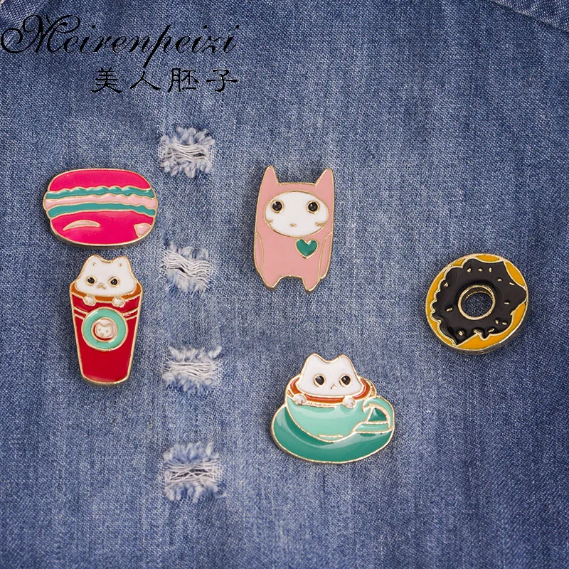 Cute Brooches Pins Coffee Cup Cat Food Enamel Pins Funny Accessory