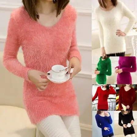2019 New Women Korean Style Fluffy Mohair knitted Jumper Solid Color Long Sleeve V-neck Sweaters Pullover Pink sweater | Женская одежда