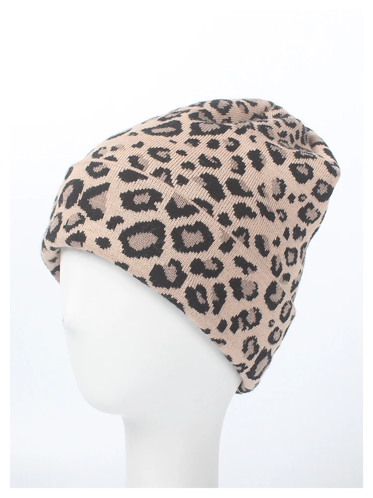 ROSELUOSI осенне-зимние Модные леопардовые шапочки, шапка для женщин, двухслойные толстые теплые вязаные шапки, женские шапки