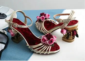 

New designer women luxury bird's cadge chunky low heel sandals women flower bird's cadge heel woman sandal