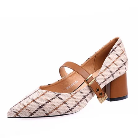 

Women Pumps Mary Jane Shoes 2019 New Pointed Handsome Handsome Word Buckle Thick With Heel Shoes High Heel Plaid Shoes
