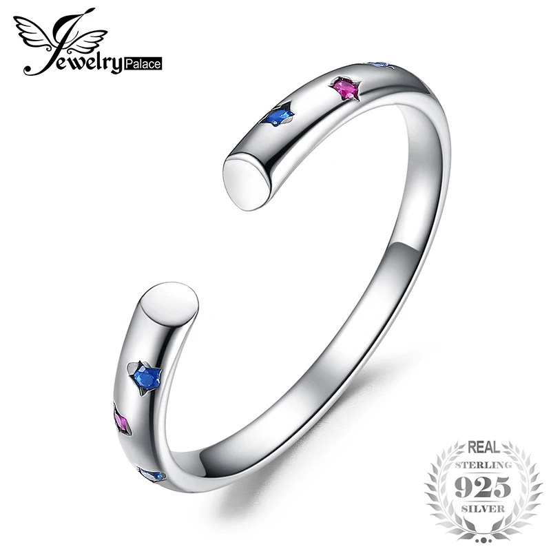 

JewelryPalace Open Ring For Woman 925 Sterling Silver Star Created Blue Spinel Created Ruby Fashion Jewelry Girls love Gifts