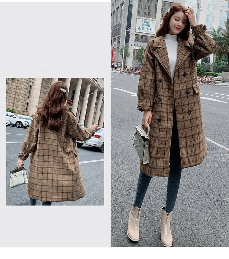 Zoki Loose Plaid Women Long Wool Blend Coat Fashion Winter Warm Jacket Elegant Double Breasted Autumn Fleece Outwear Plus Size