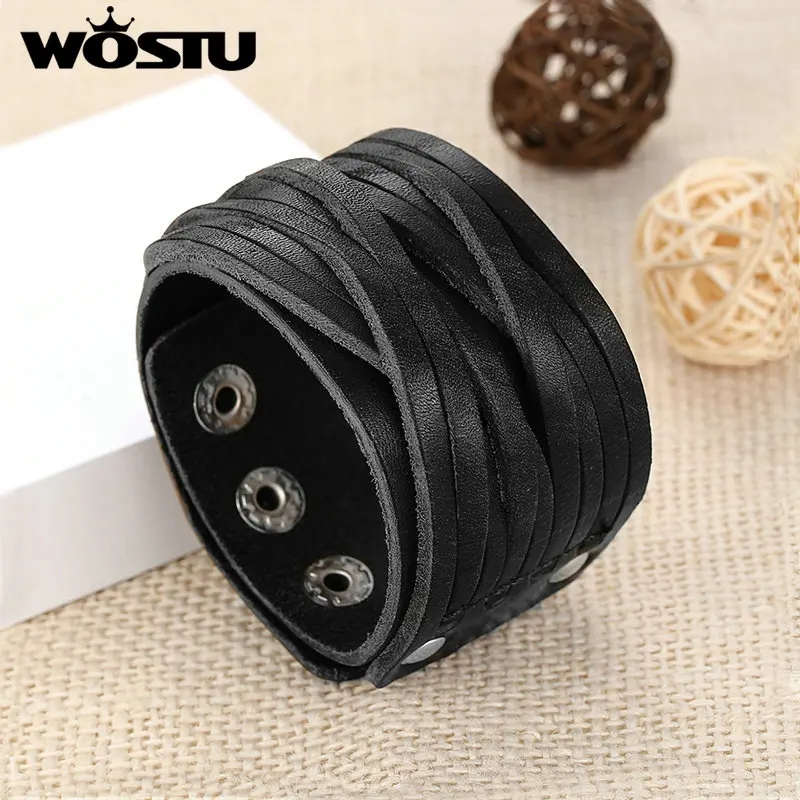 WOSTU Hot Sale Genuine Leather Wrap Vintage Black Bracelet & Bangles For Men Women Luxury High Quality Jewelry Unisex XCJ0337