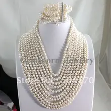 Сказочный белый жемчужный набор 10 рядов жемчужное ожерелье/браслет Блестящий пресноводный 7-8 мм культивированный жемчуг свадебный ювелирный набор FP274