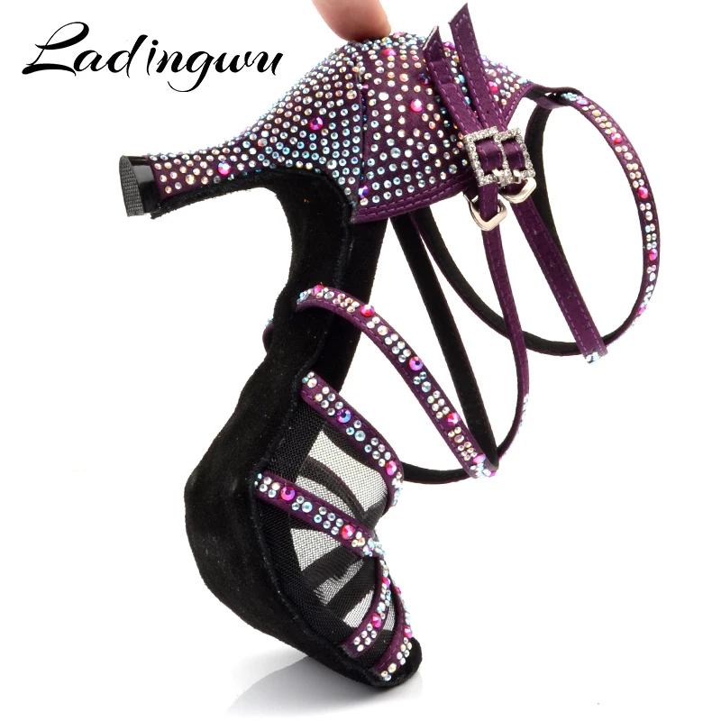 Ladingwu/Женская обувь для танцев; фиолетовые атласные стразы; обувь для латинских танцев; женская обувь для сальсы; Обувь для бальных танцев