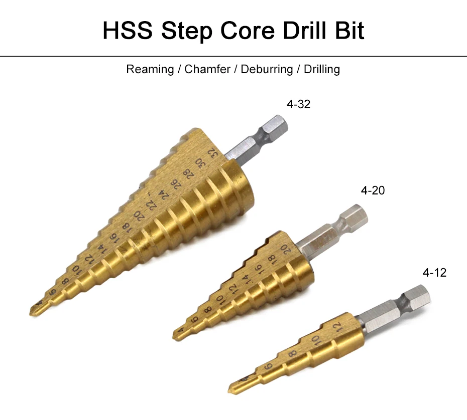 HSS шаг сверла бит шестнадцатеричный хвостовик шаг ядро сверло отверстие резак набор 4-12 мм 4-20 мм 4-32 мм Метрическая Спираль металлический конус ступенчатое сверление