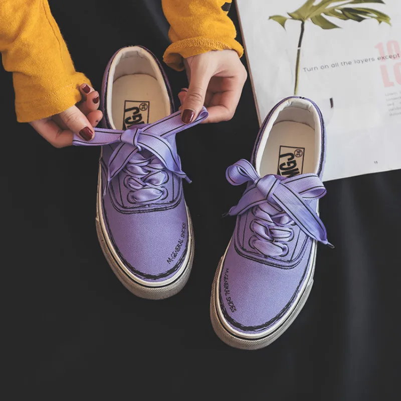 

QWEDF Women Sneakers with Bow Female Canvas Shoes Riband Lace Solid Color Lady Casual Shoes Bowknot Silk Ribbon Flat Heel S1-02