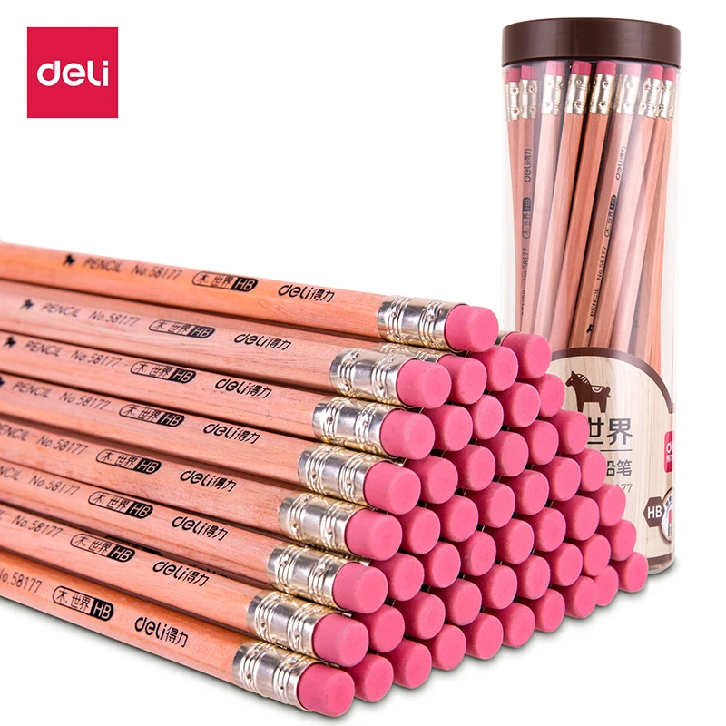 

50 pcs Student Writing Pencil with Eraser Rubber Head Exam Art Painting Sketch Pencil Safety Log 2B/HB Hexagon Rod deli 58177/8
