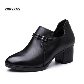 

2019 New Black Deep Mouth Spring Shoes Woman Classic Fashion Shoes Thick with High Heels Comfort Soft Cowhide Leather Shoes