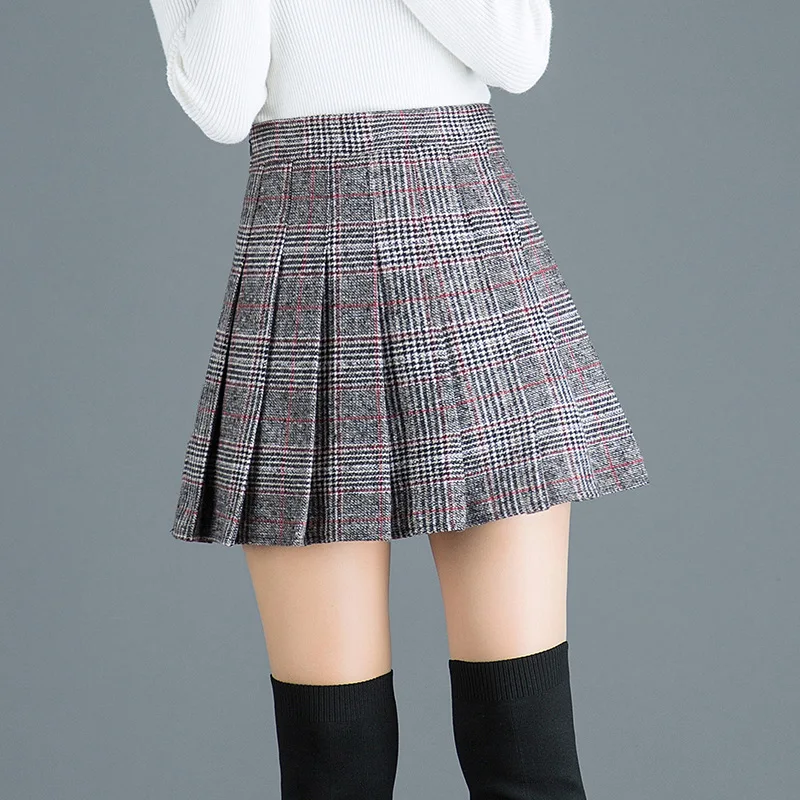 Корейская осенняя и зимняя клетчатая плиссированная юбка, Женская мини-юбка, утолщенная короткая юбка из шерсти для школьниц, Faldas Mujer Moda