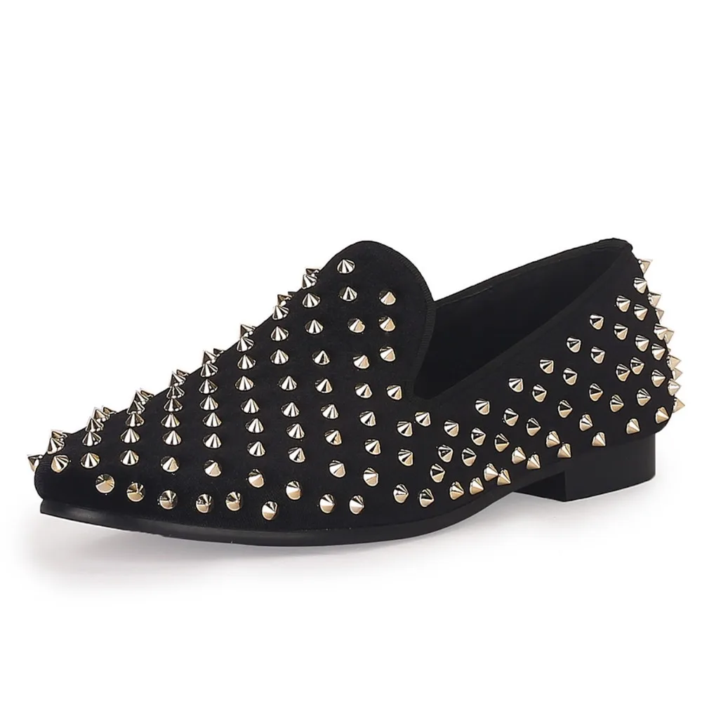 Black Mens Velvet Loafers Gold Rivets Smoking Slippers Handmade Spikes Wedding Shoes Red Bottom Sole Free Shipping Size 6-14 | Обувь