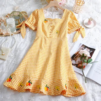 

Flower Fruit Embroidery Women Summer Dress Sweet Teen Girls Bowknot Ruffle Short Sleeve Plaid Dress Lolita Square Collar 2 Color