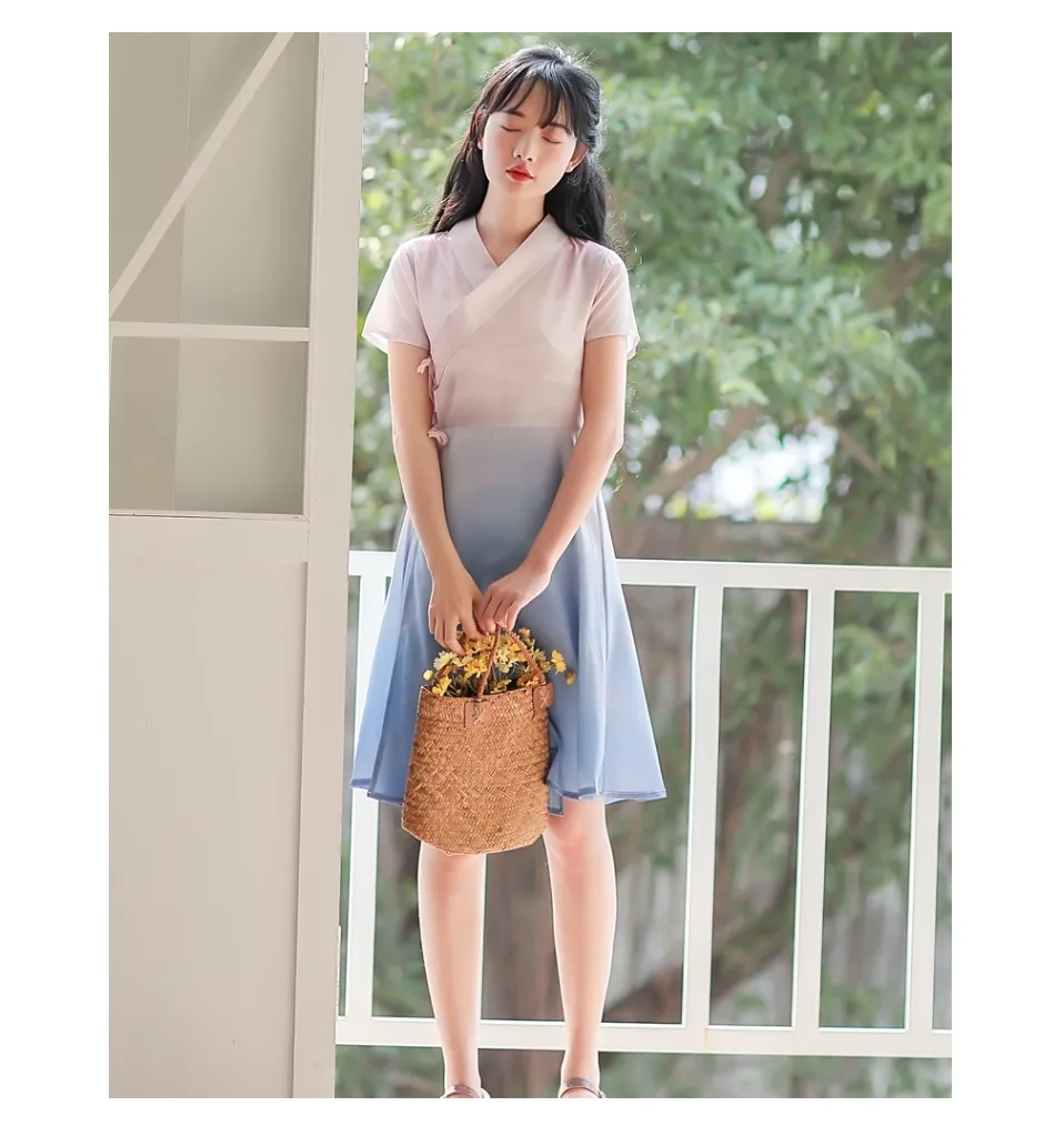 Pink Blue gradual change Print dress Retro Young girl student short sleeve dresses vestidos summer A-Line dress women