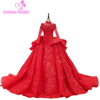 

2018 Quinceanera Ball Gown Dresses Red High Neck Lace Applique Long Sleeves Tulle Puffy Party Prom Crystals Evening Dresses
