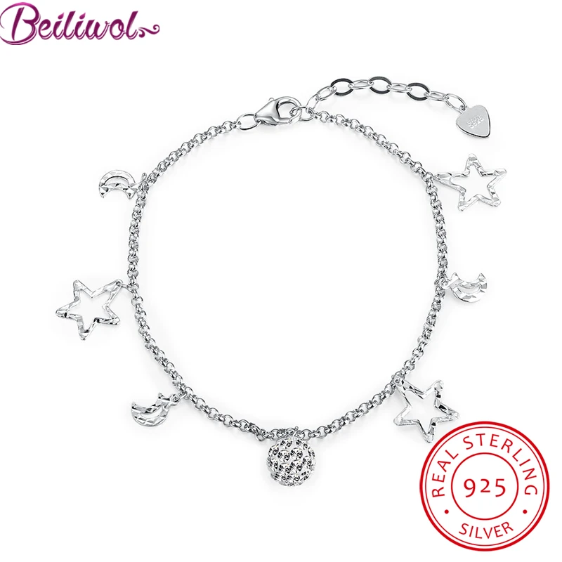

Real 925 Sterling Silver Bracelets for Women Star and Moon Charm Bracelet Female Sterling-silver-jewelry Trend Accessories Lady
