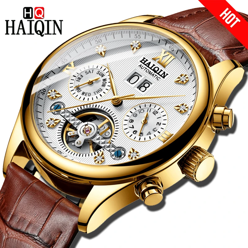 HAIQIN TOP Brand Automatic mechanical Men's Watch Business Dress Watch men Leather Waterproof
