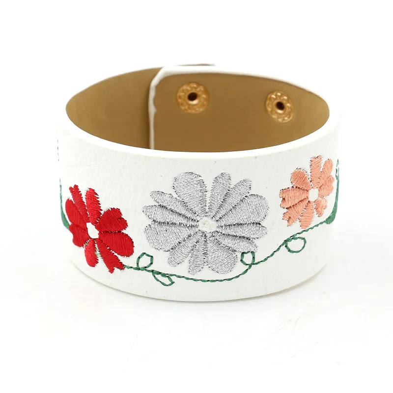 

Retro PU leather Embroidered Personality Wide Bracelets & Bangles Women Bracelet Multi-Color JB0472